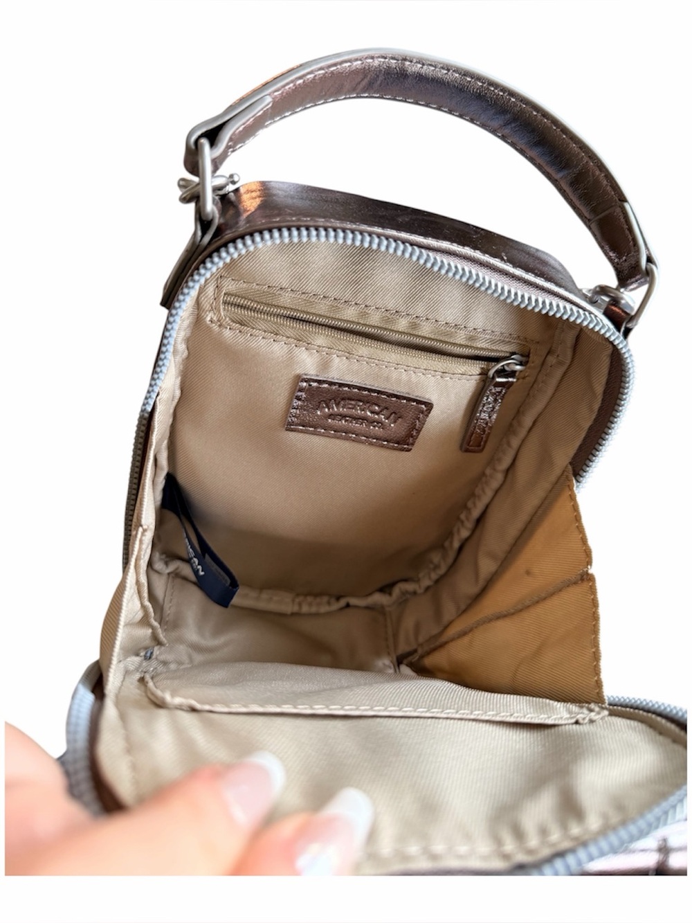 AMERICAN LEATHER Pewter Taupe Tribeca Cross Body Bag with Top Handle - Picture 6 of 9